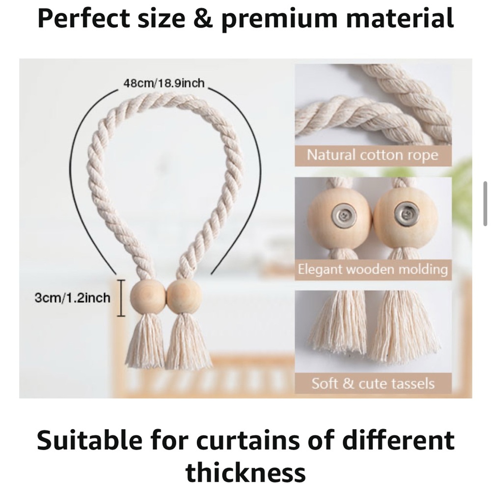 Natural Cotton Rope Curtain Tiebacks with Wooden Beads